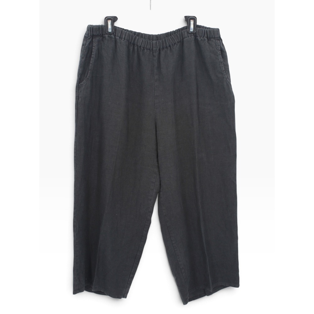 FLAX Pants womens Medium 100% Linen Black Wide Leg Elastic Waist Cropped